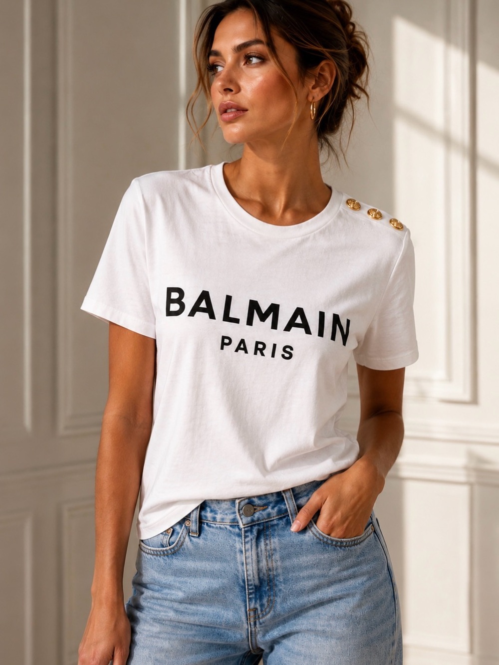Balmain White Logo Tee with Black Print and Gold Shoulder Buttons Sz M